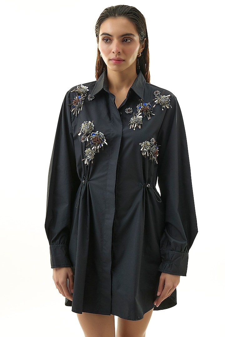 Black Cotton Embellished Mini Vacation Dress by Kanika Goyal at Pernia's Pop Up Shop