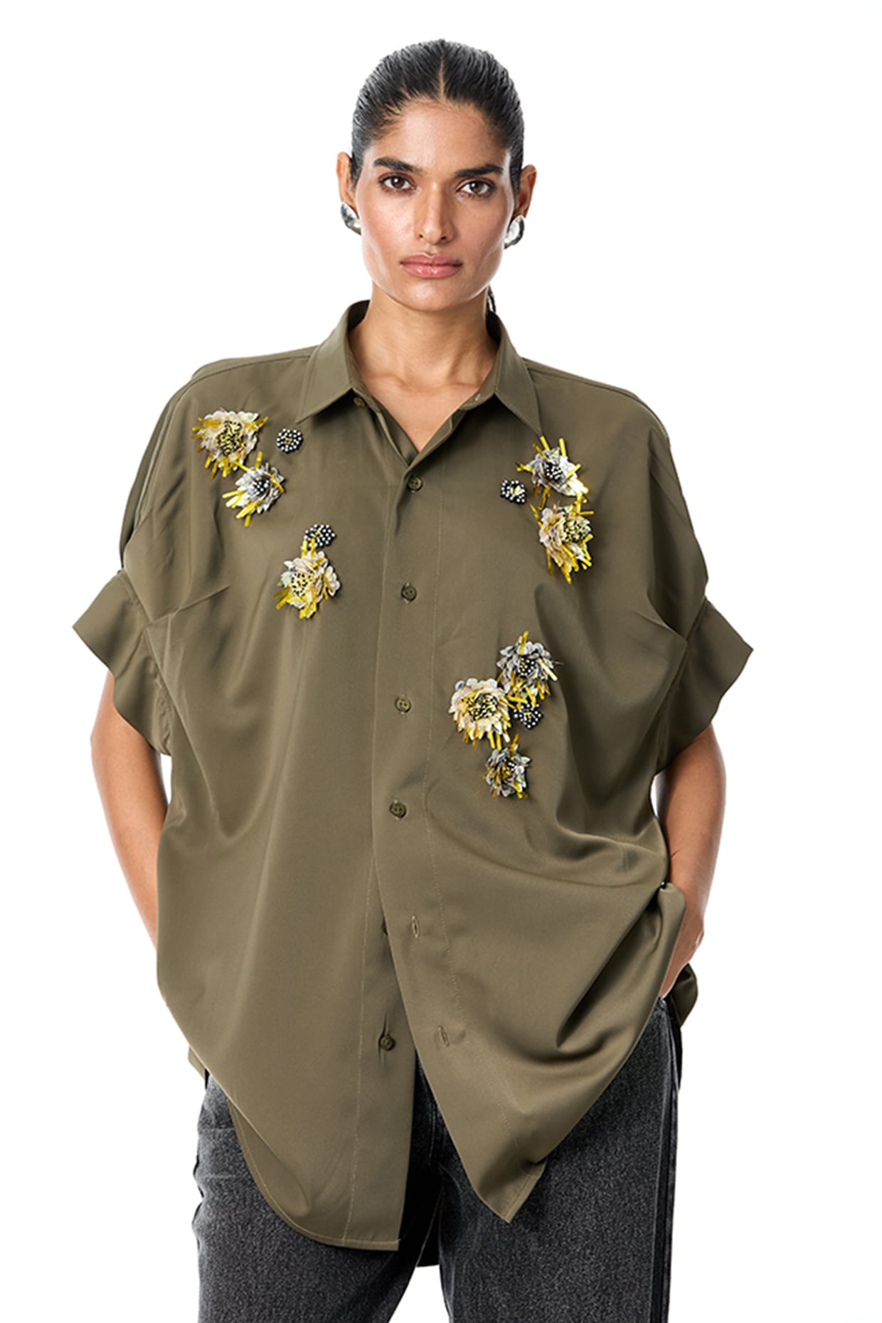 Olive Green Poly Twill Embellished Shirt by Kanika Goyal at