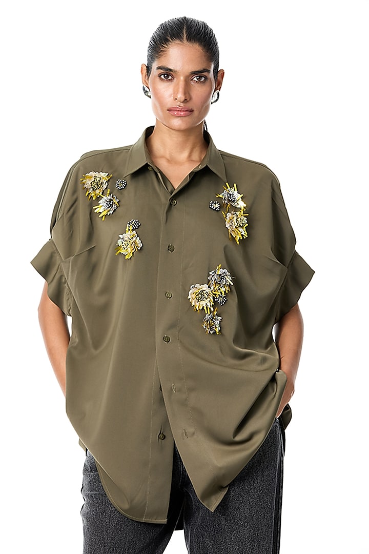 Olive Green Poly Twill Embellished Shirt by Kanika Goyal at Pernia's Pop Up Shop