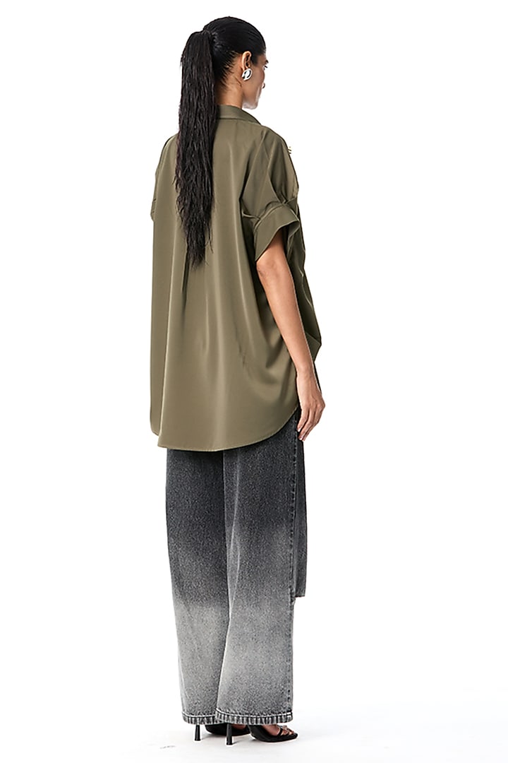 Olive Green Poly Twill Embellished Shirt by Kanika Goyal at Pernia's Pop Up Shop