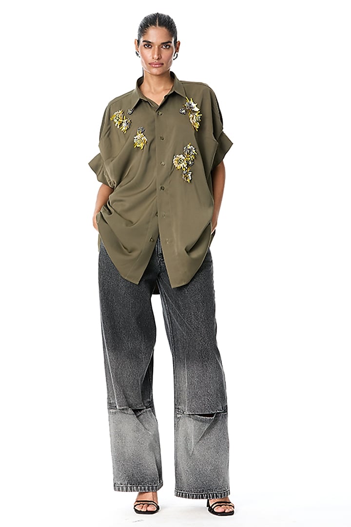 Olive Green Poly Twill Embellished Shirt by Kanika Goyal at Pernia's Pop Up Shop