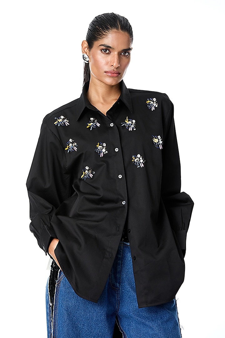 Black Cotton Embellished Shirt by Kanika Goyal at Pernia's Pop Up Shop