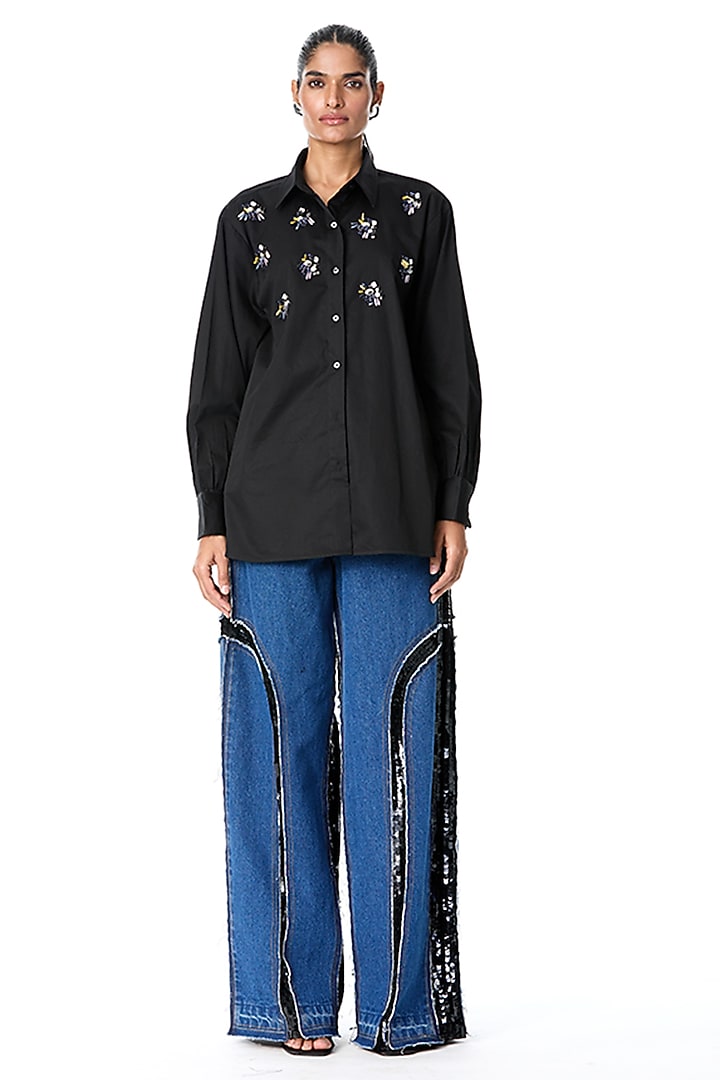 Black Cotton Embellished Shirt by Kanika Goyal at Pernia's Pop Up Shop