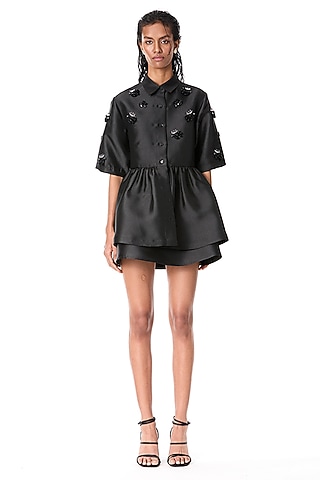 Black Taffeta Embellished Peplum Top by Kanika Goyal