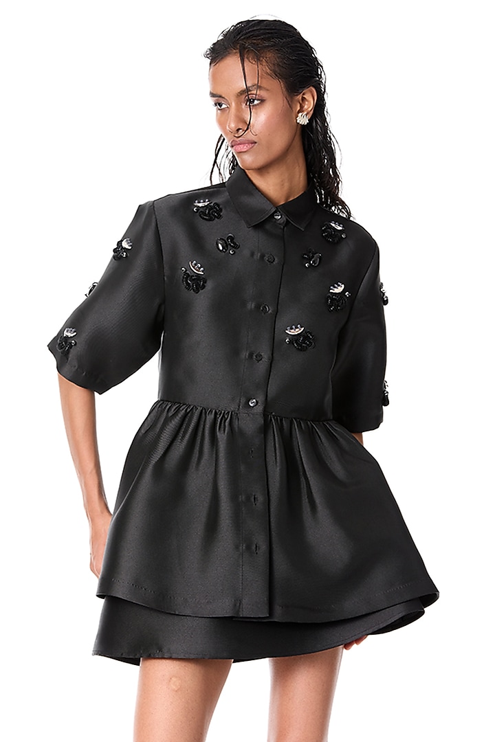 Black Taffeta Embellished Peplum Top by Kanika Goyal at Pernia's Pop Up Shop