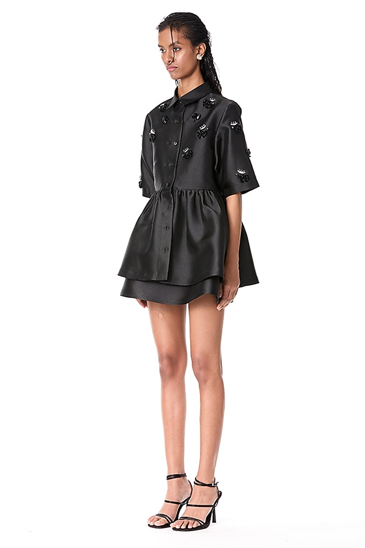 Black Taffeta Embellished Peplum Top by Kanika Goyal at Pernia's Pop Up Shop