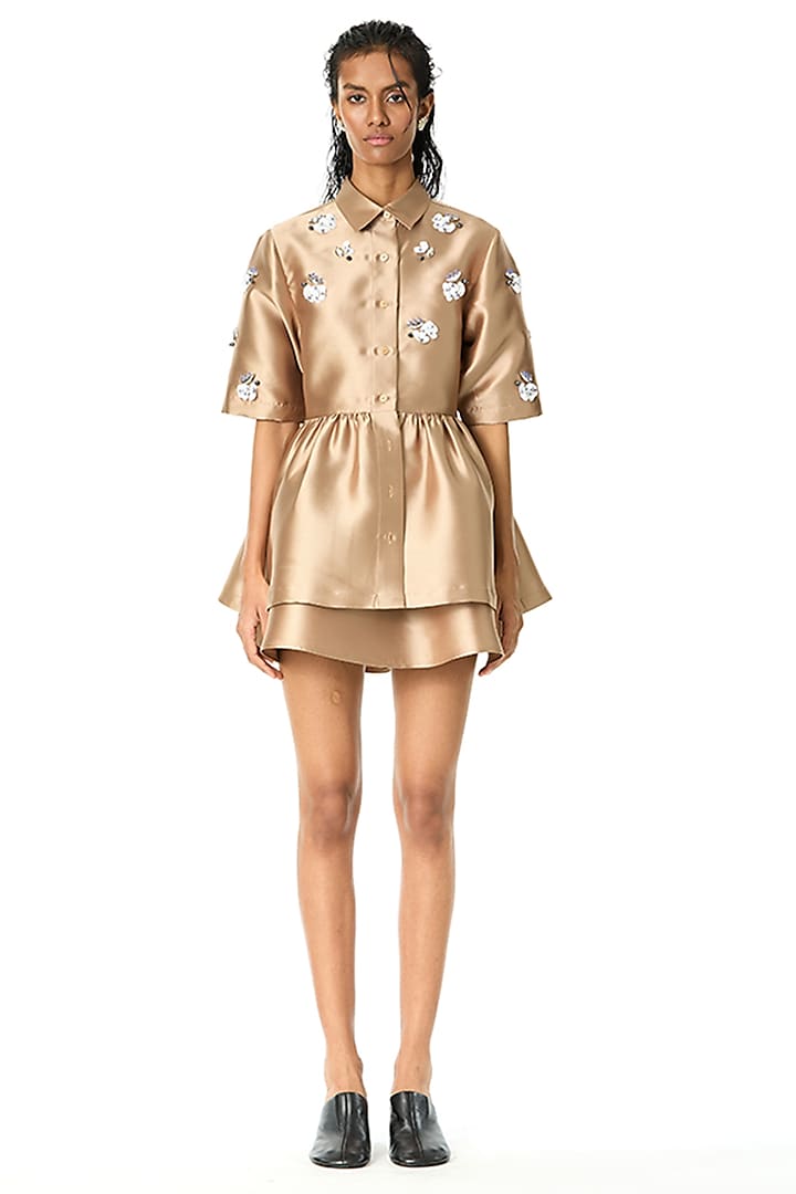 Beige Taffeta Mini Skirt by Kanika Goyal at Pernia's Pop Up Shop