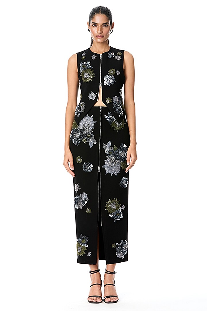 Black Japanese Crepe Embellished Top by Kanika Goyal at Pernia's Pop Up Shop
