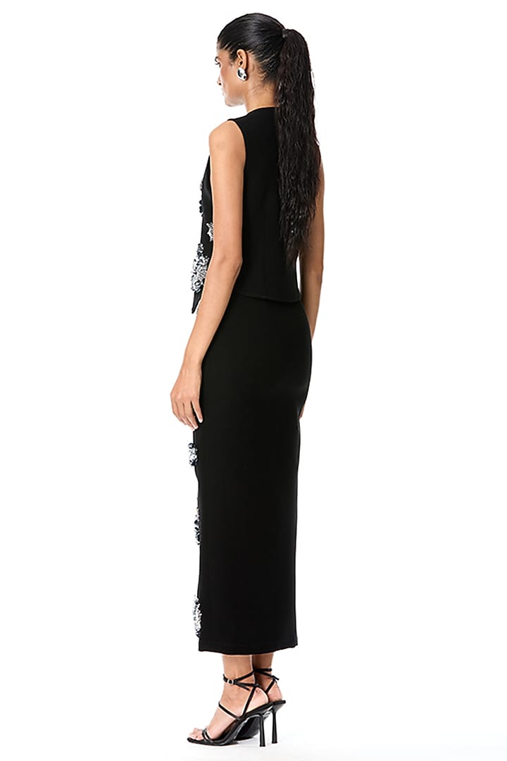 Black Japanese Crepe Embellished Midi Skirt by Kanika Goyal at Pernia's Pop Up Shop
