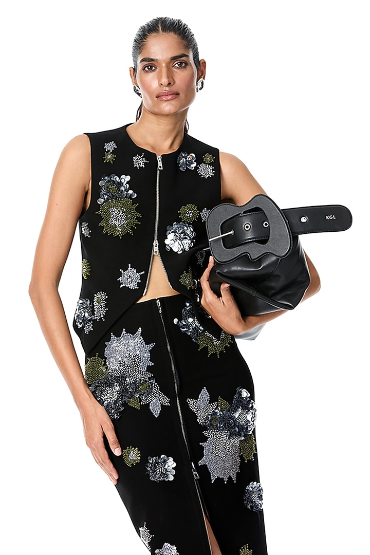 Black Japanese Crepe Embellished Midi Skirt by Kanika Goyal at Pernia's Pop Up Shop