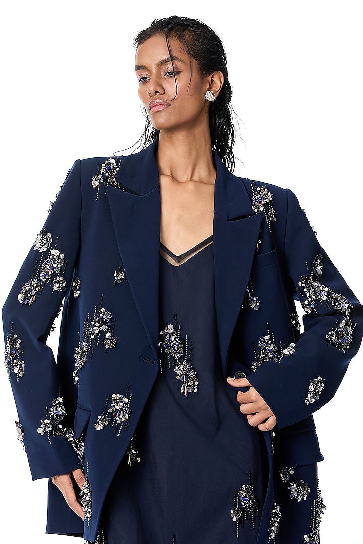 Navy Blue Japanese Crepe Embellished Blazer by Kanika Goyal at Pernia's Pop Up Shop