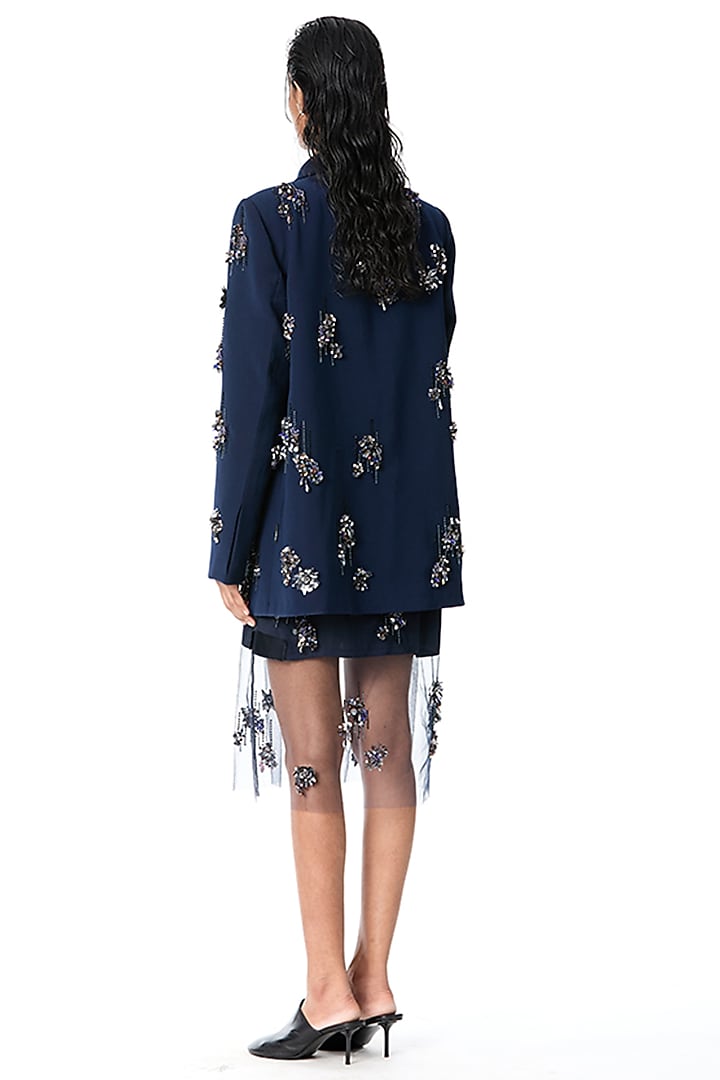 Navy Blue Japanese Crepe Embellished Blazer by Kanika Goyal at Pernia's Pop Up Shop