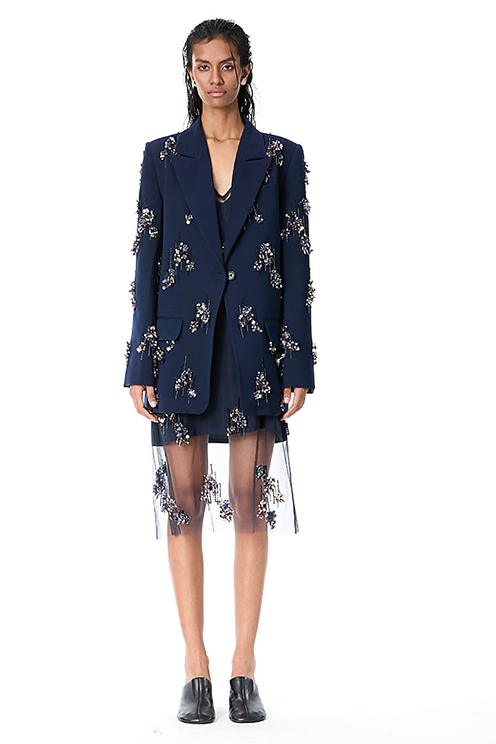 Navy Blue Japanese Crepe Embellished Blazer by Kanika Goyal at Pernia's Pop Up Shop