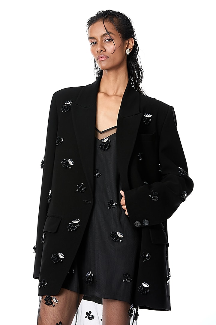 Black Japanese Crepe Embellished Blazer by Kanika Goyal at Pernia's Pop Up Shop