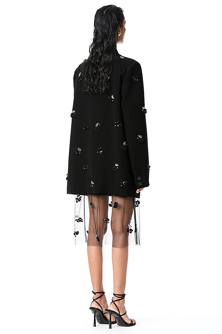 Black Japanese Crepe Embellished Blazer by Kanika Goyal at Pernia's Pop Up Shop