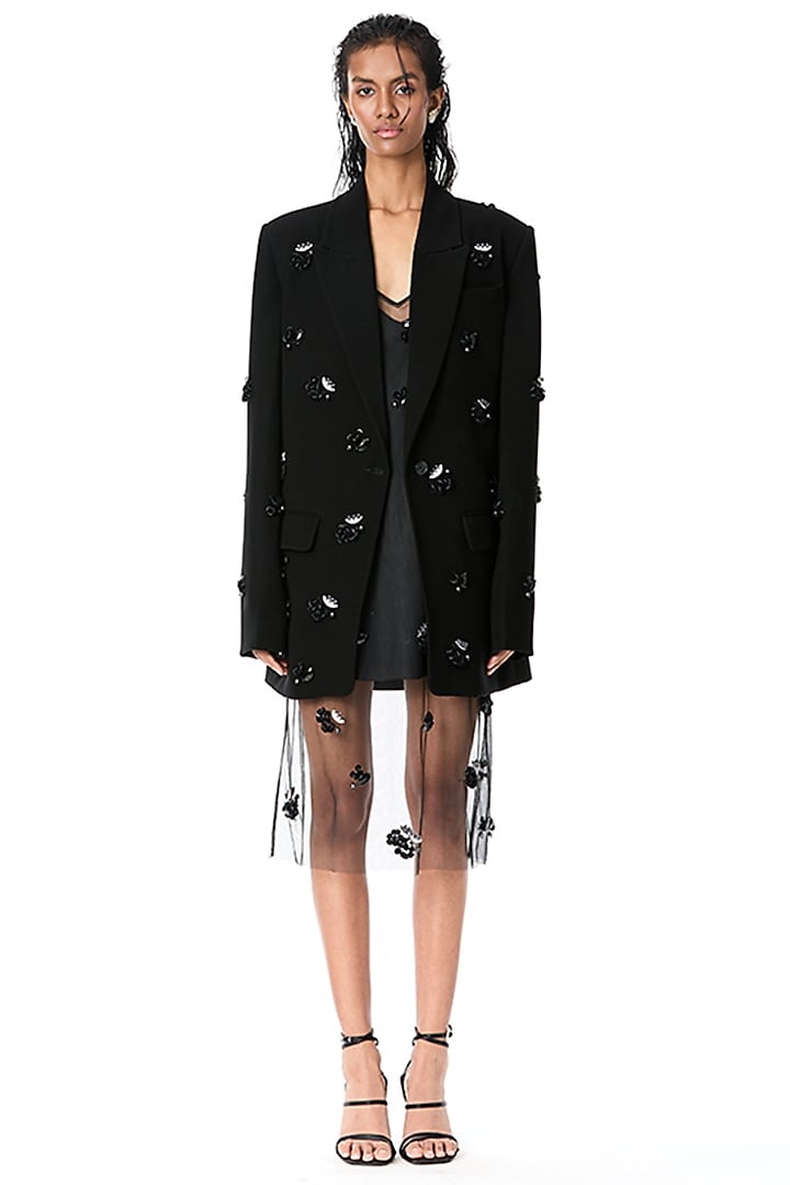 Black Japanese Crepe Embellished Blazer by Kanika Goyal at Pernia's Pop Up Shop
