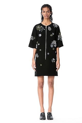 Black Japanese Crepe Embellished Mini Dress by Kanika Goyal