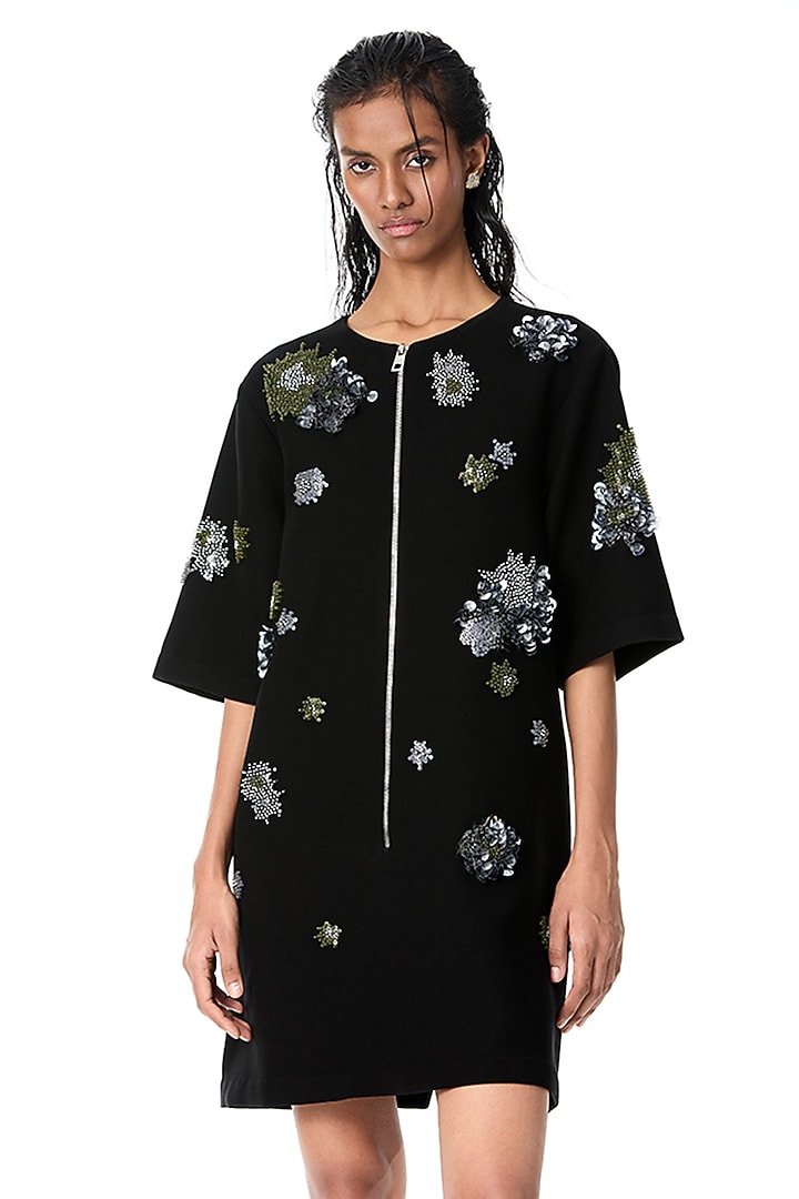 Black Japanese Crepe Embellished Mini Cocktail Dress by Kanika Goyal at Pernia's Pop Up Shop