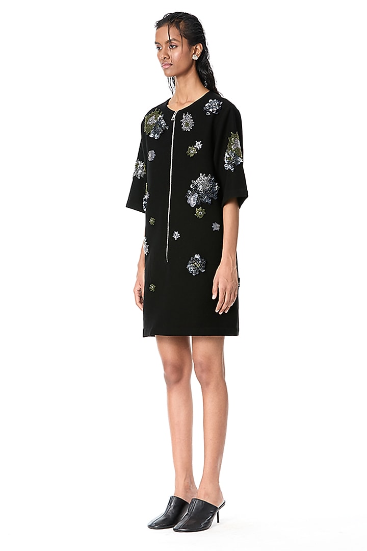 Black Japanese Crepe Embellished Mini Cocktail Dress by Kanika Goyal at Pernia's Pop Up Shop