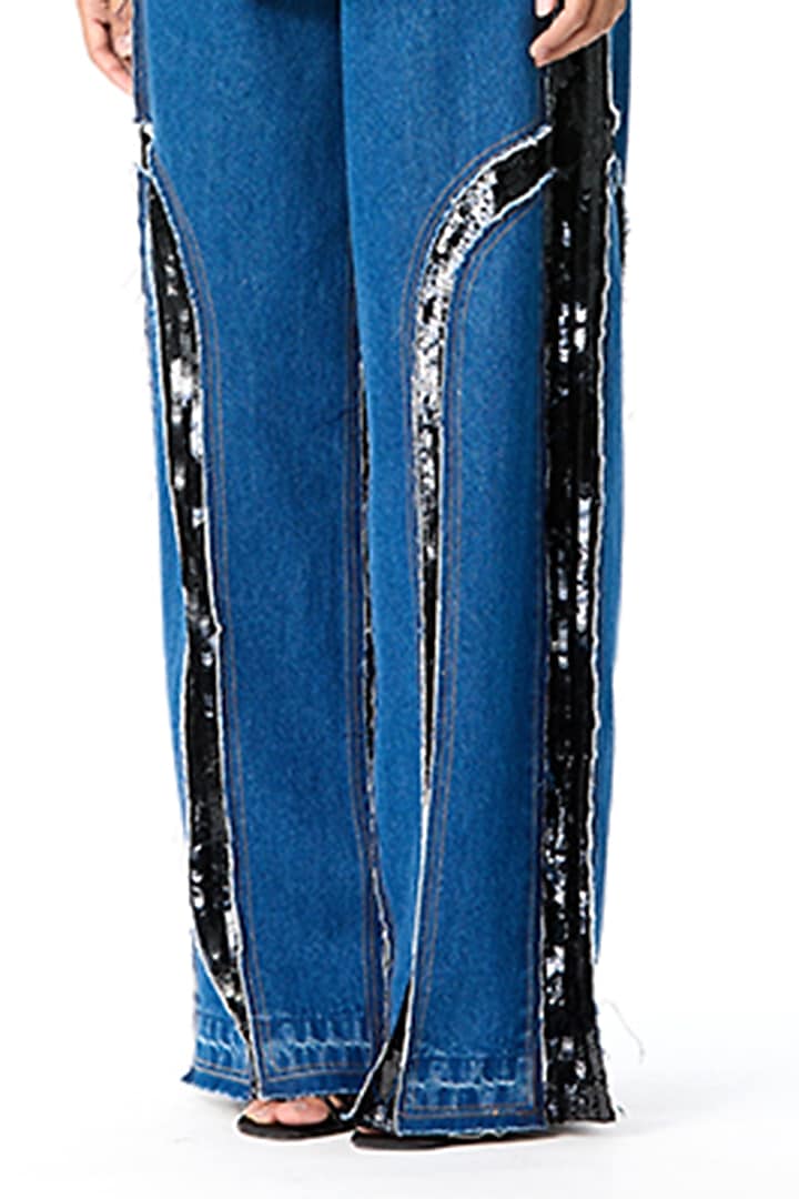 Blue Cotton Embellished Pants by Kanika Goyal at Pernia's Pop Up Shop