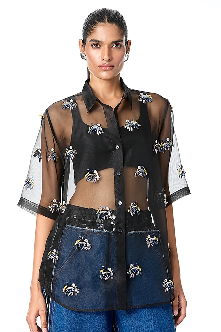 Black Organza Embellished Sheer Shirt by Kanika Goyal at Pernia's Pop Up Shop