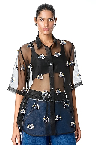 Black Organza Embellished Sheer Shirt by Kanika Goyal