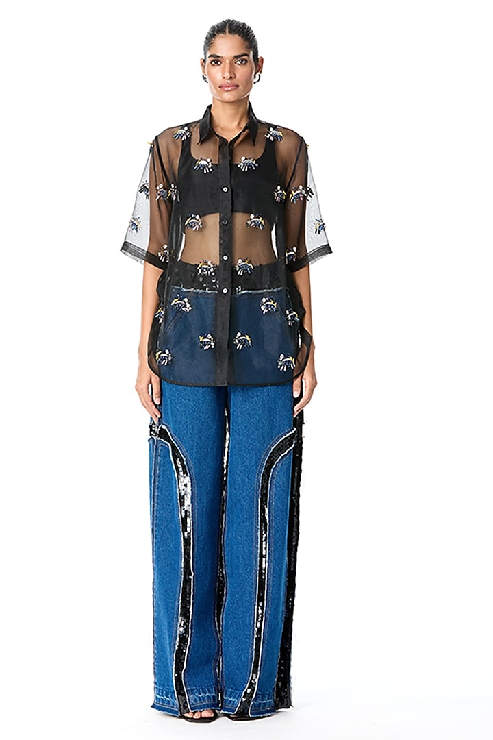Black Organza Embellished Sheer Shirt by Kanika Goyal at Pernia's Pop Up Shop
