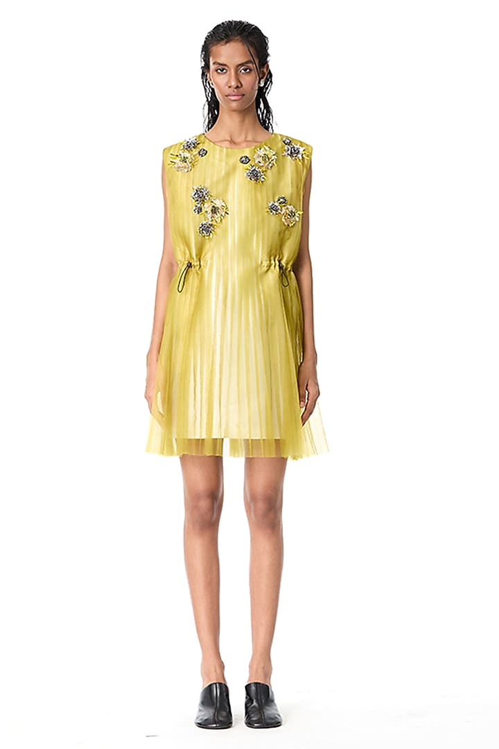 Yellow Japanese Crepe Embellished Mini Dress by Kanika Goyal at Pernia's Pop Up Shop