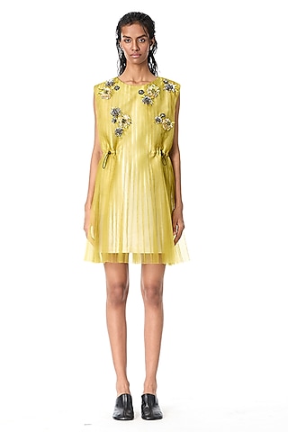 Yellow Japanese Crepe Embellished Mini Dress by Kanika Goyal