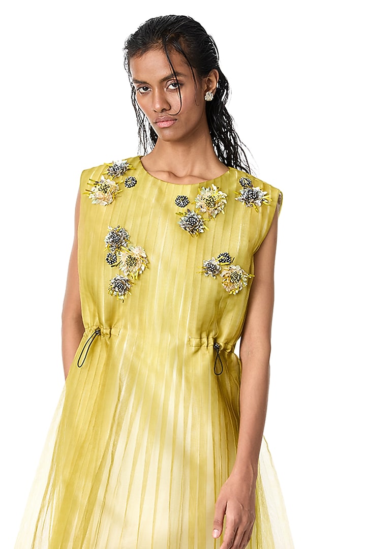 Yellow Japanese Crepe Embellished Mini Cocktail Dress by Kanika Goyal at Pernia's Pop Up Shop