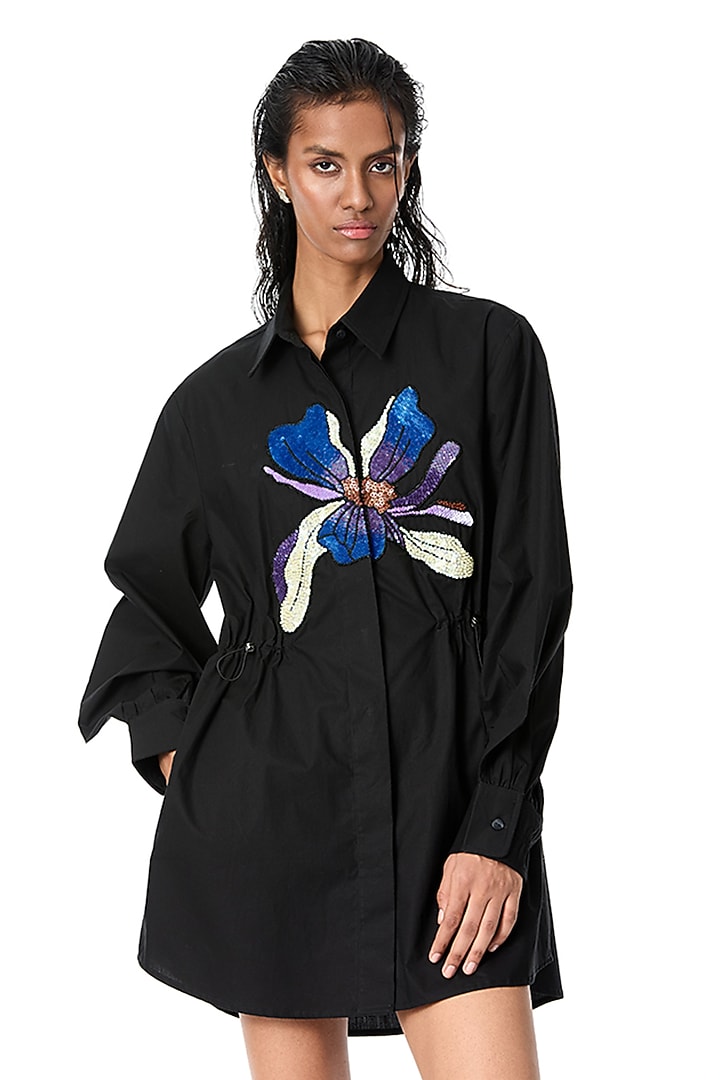 Black Cotton Embellished Mini Vacation Dress by Kanika Goyal at Pernia's Pop Up Shop