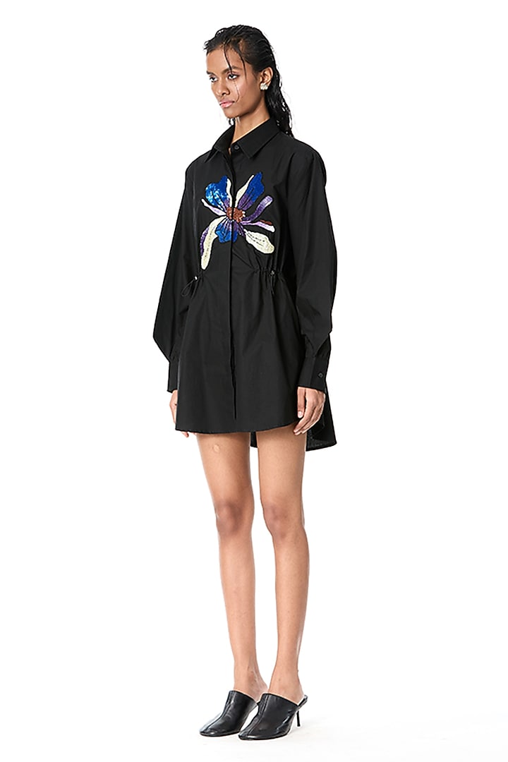 Black Cotton Embellished Mini Vacation Dress by Kanika Goyal at Pernia's Pop Up Shop