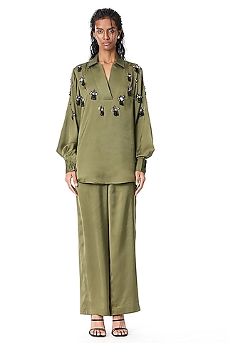 Green Satin Pant Set by Kanika Goyal