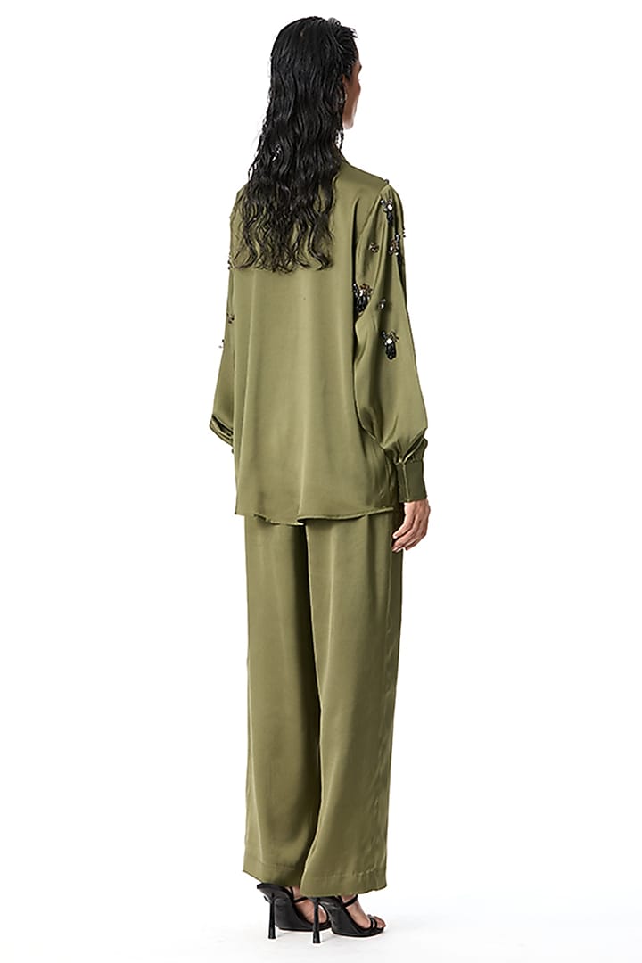 Green Satin Pant Set by Kanika Goyal at Pernia's Pop Up Shop