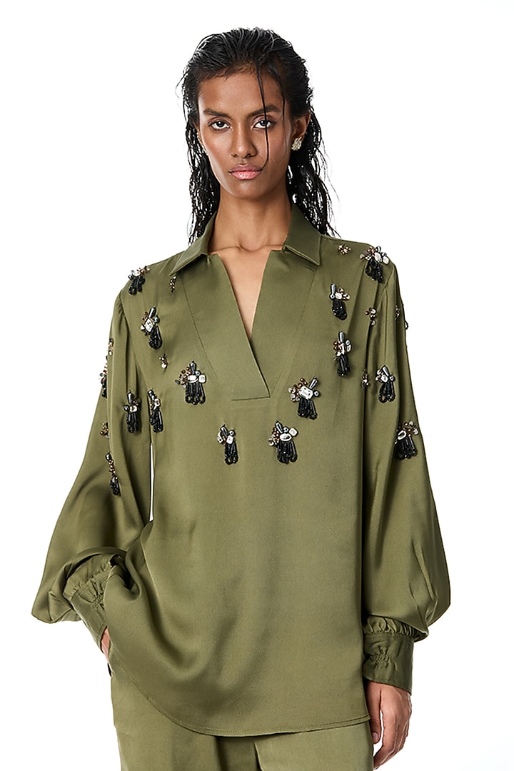Green Satin Pant Set by Kanika Goyal at Pernia's Pop Up Shop