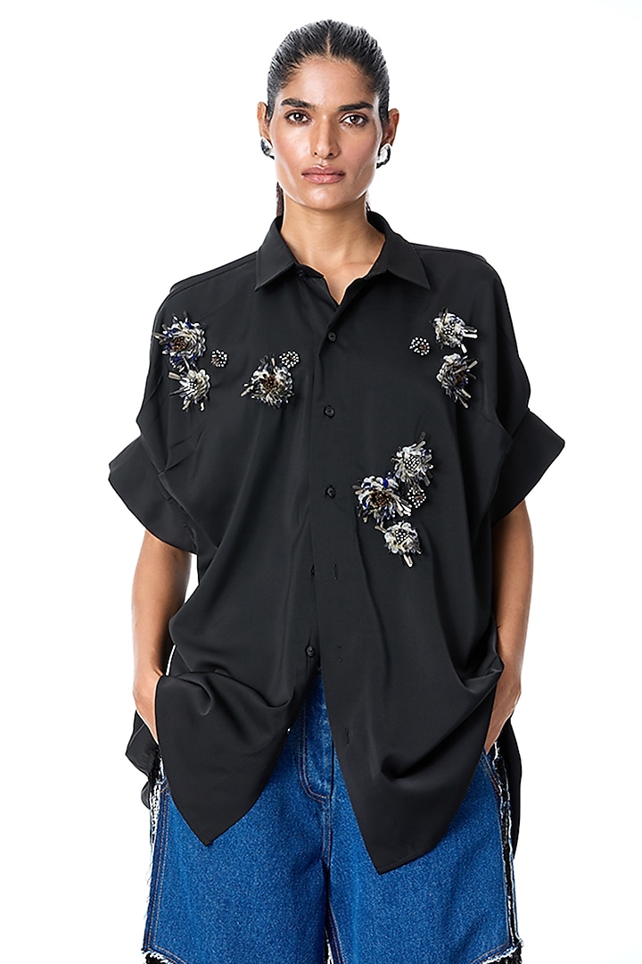 Black Poly Twill Embellished Shirt by Kanika Goyal at Pernia's Pop Up Shop