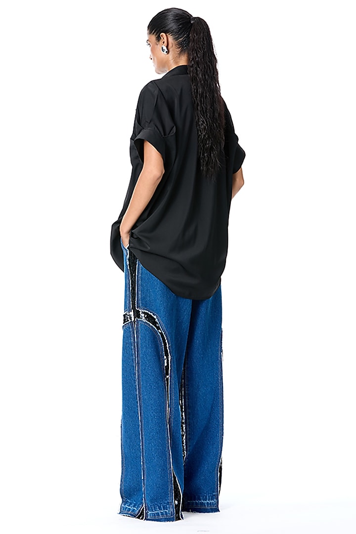 Black Poly Twill Embellished Shirt by Kanika Goyal at Pernia's Pop Up Shop