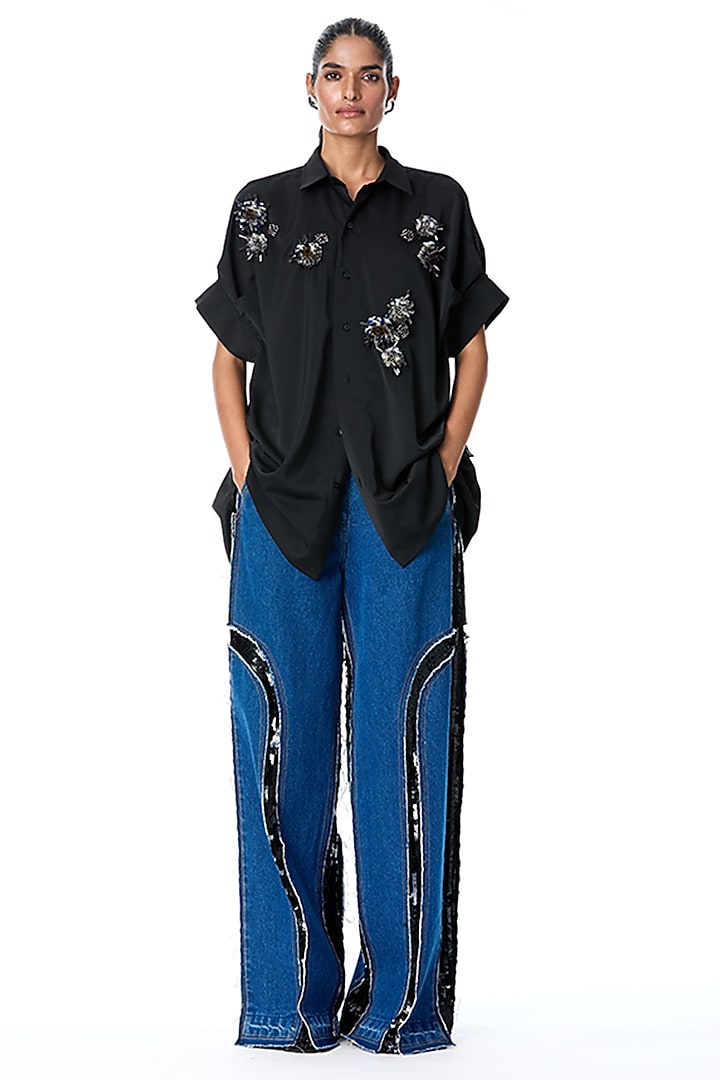 Black Poly Twill Embellished Shirt by Kanika Goyal at Pernia's Pop Up Shop