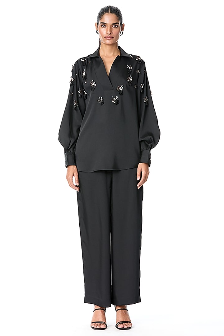 Black Satin Pant Set by Kanika Goyal at Pernia's Pop Up Shop