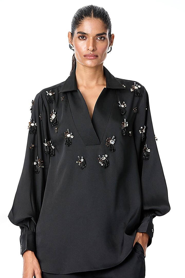 Black Satin Pant Set by Kanika Goyal at Pernia's Pop Up Shop