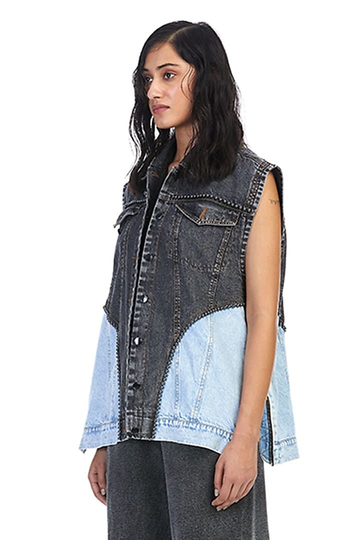 Blue & Black Denim Embellished Vest by Kanika Goyal at Pernia's Pop Up Shop