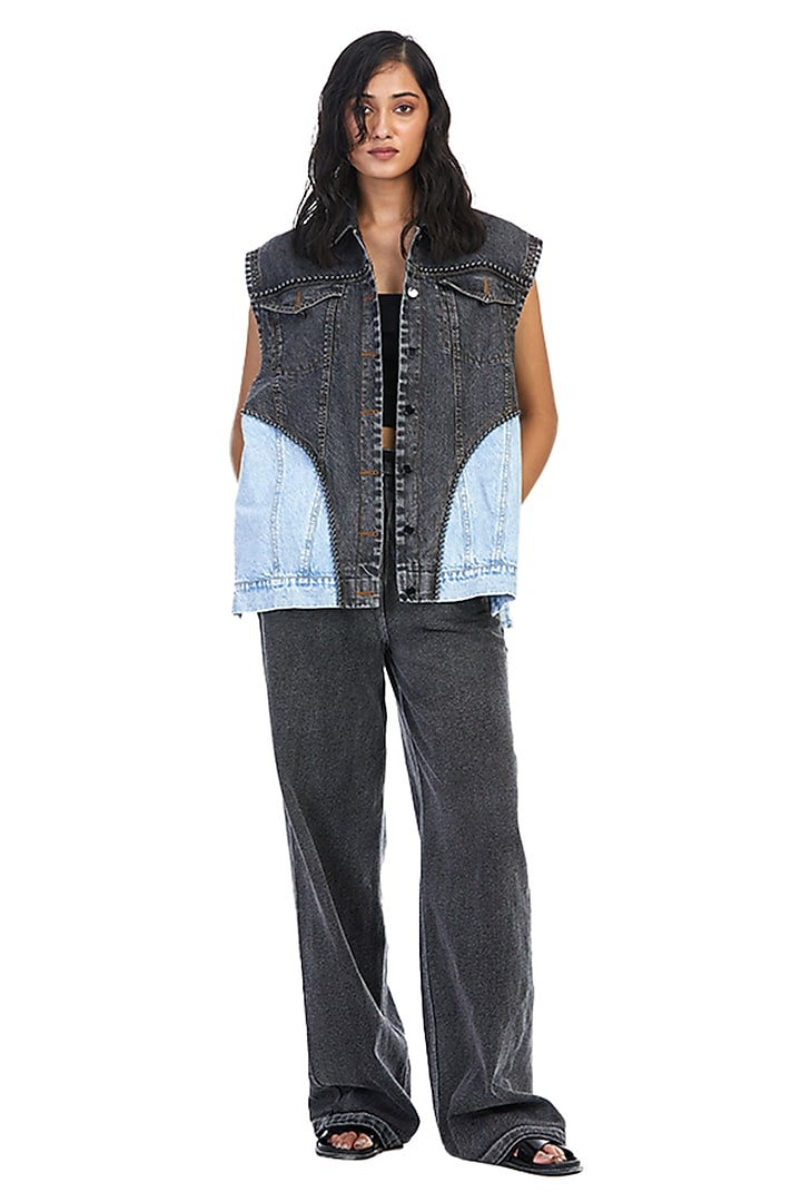 Blue & Black Denim Embellished Vest by Kanika Goyal at Pernia's Pop Up Shop