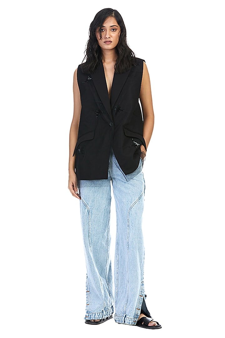 Black Polyester Embellished Blazer by Kanika Goyal at Pernia's Pop Up Shop