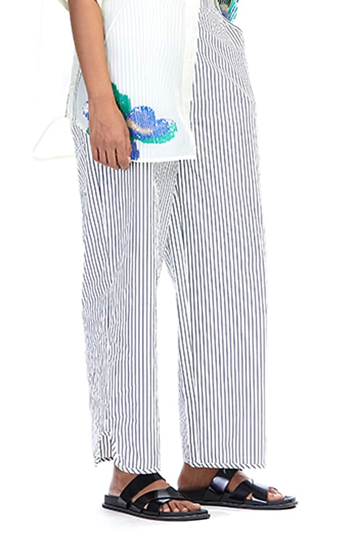 Off-White Cotton Striped Pants by Kanika Goyal at Pernia's Pop Up Shop