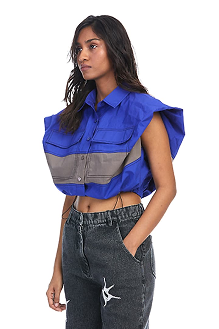 Blue Cotton Color Blocked Shirt by Kanika Goyal at Pernia's Pop Up Shop