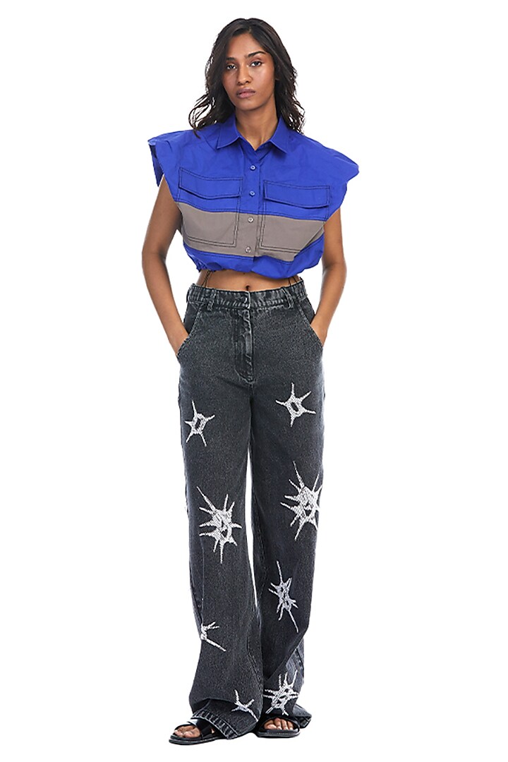 Blue Cotton Color Blocked Shirt by Kanika Goyal at Pernia's Pop Up Shop