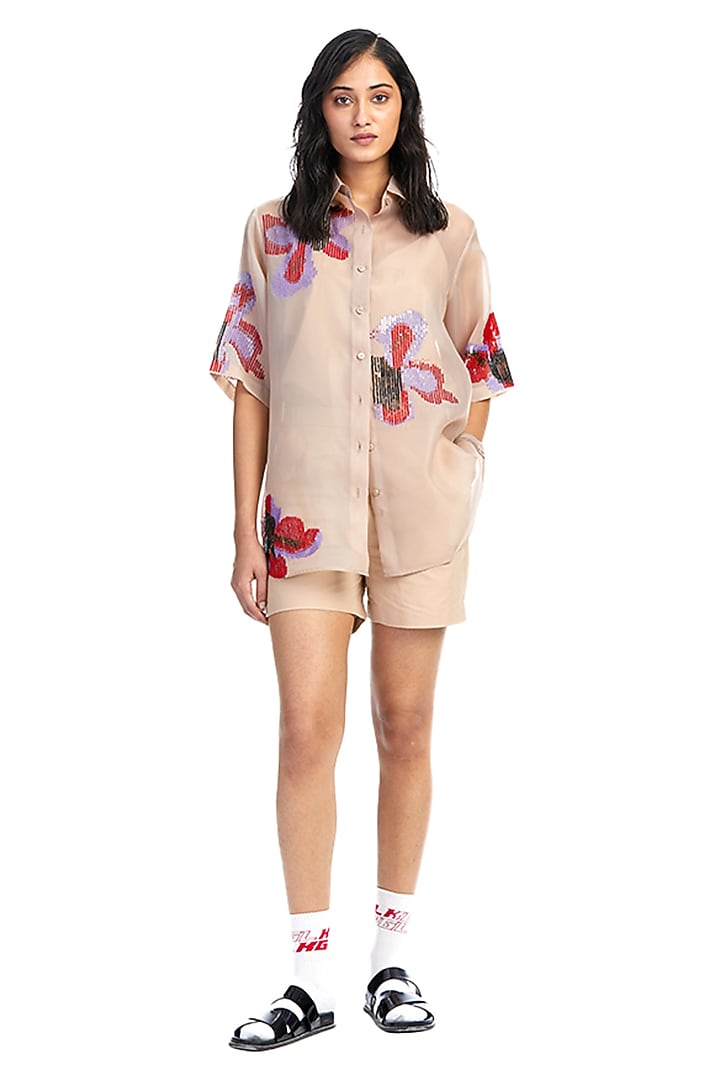Beige Organza Embellished Shirt by Kanika Goyal at Pernia's Pop Up Shop
