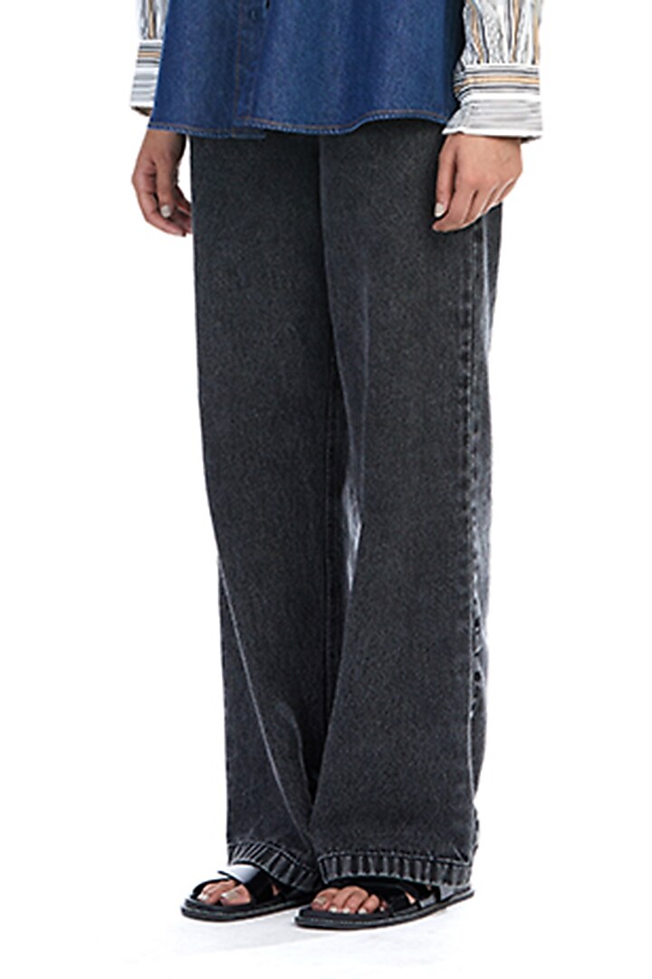 Black Cotton Denim Straight Pants by Kanika Goyal at Pernia's Pop Up Shop