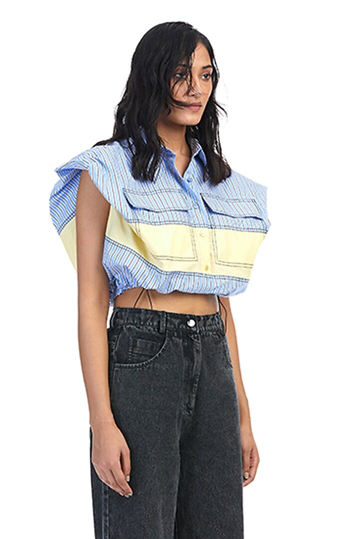 Blue Cotton Color-Blocked Shirt by Kanika Goyal at Pernia's Pop Up Shop