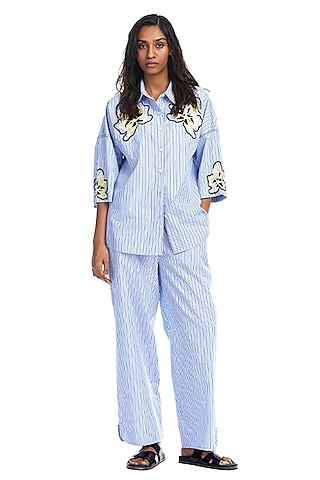 Blue Cotton Stripe Pants by Kanika Goyal